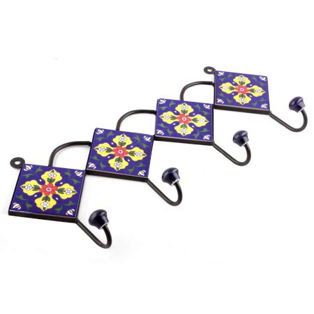 Navy Blue And Yellow Ceramic Flower Tiles Hooks